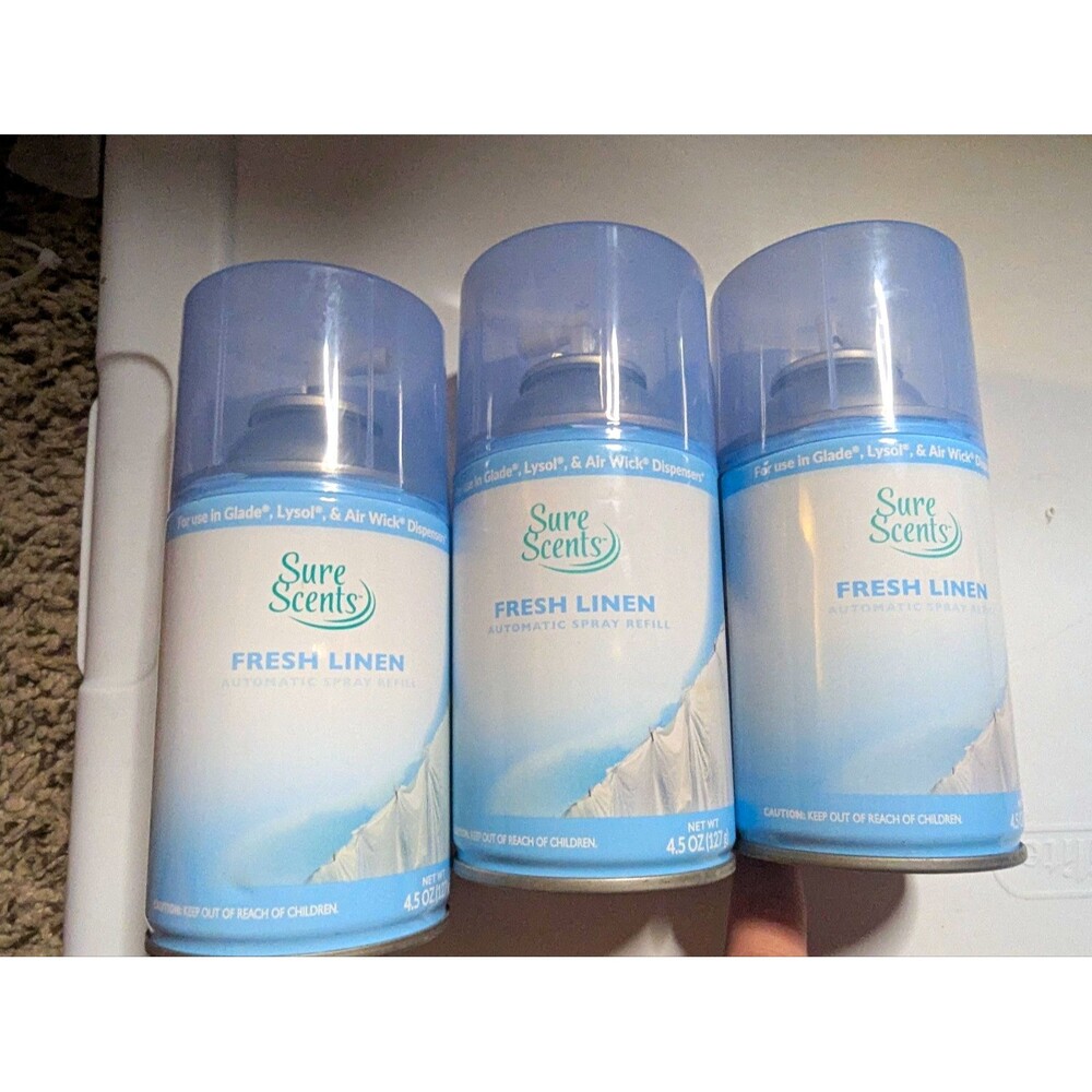 Sure Scents Fresh Linen Auto Spray Refill Lot of 3 Air Freshener 4.5oz
